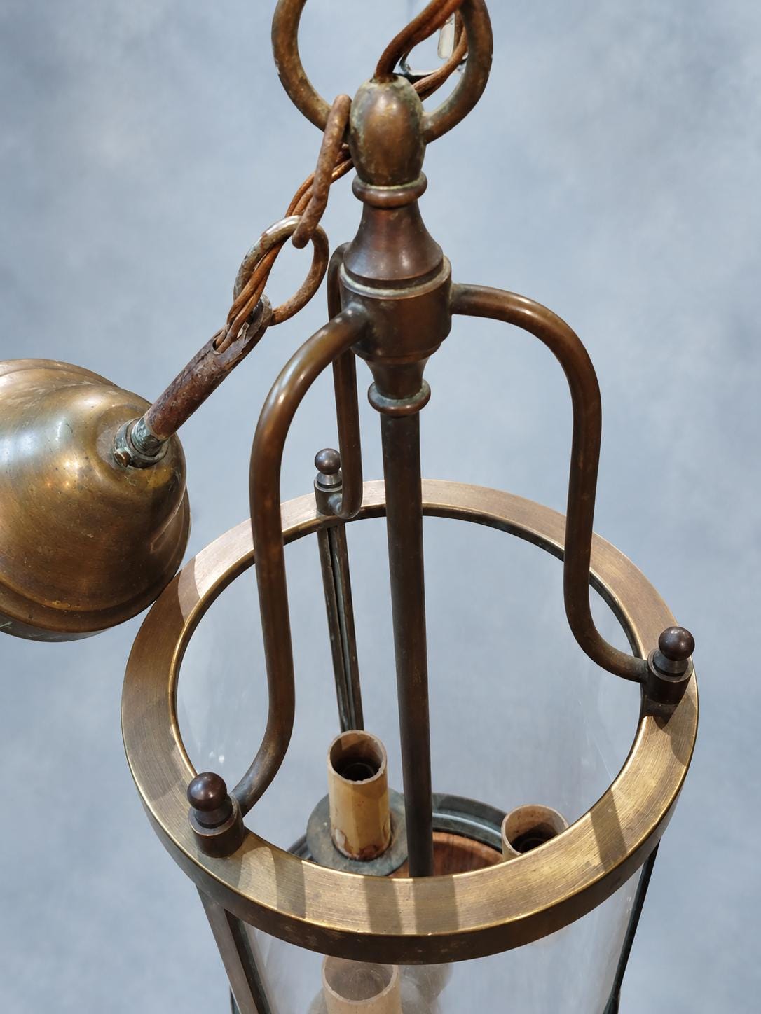 Vintage Directoire Style Brass Hall Lantern, Glass Cylinder Pendant with Three Lights, Chain and Canopy, 62 cm