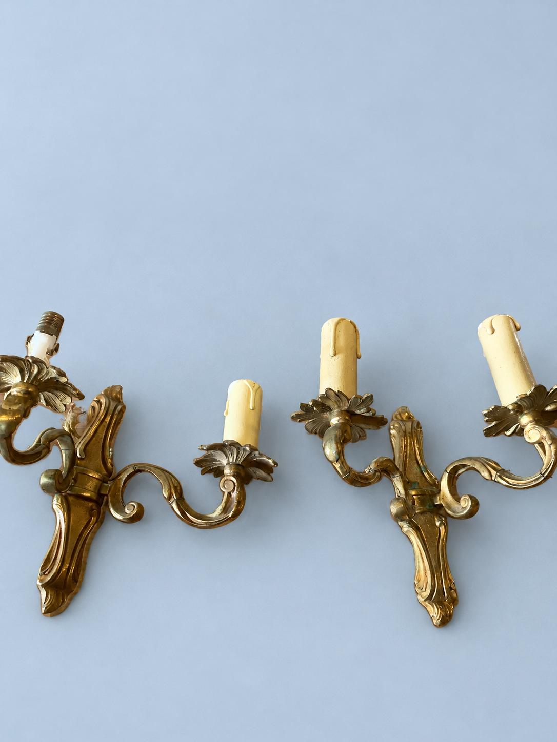 Vintage Pair of Louis XV Style Wall Sconces, Gilt Metal Scrolled Arms with Leafy Bobèches, Two Lights Each