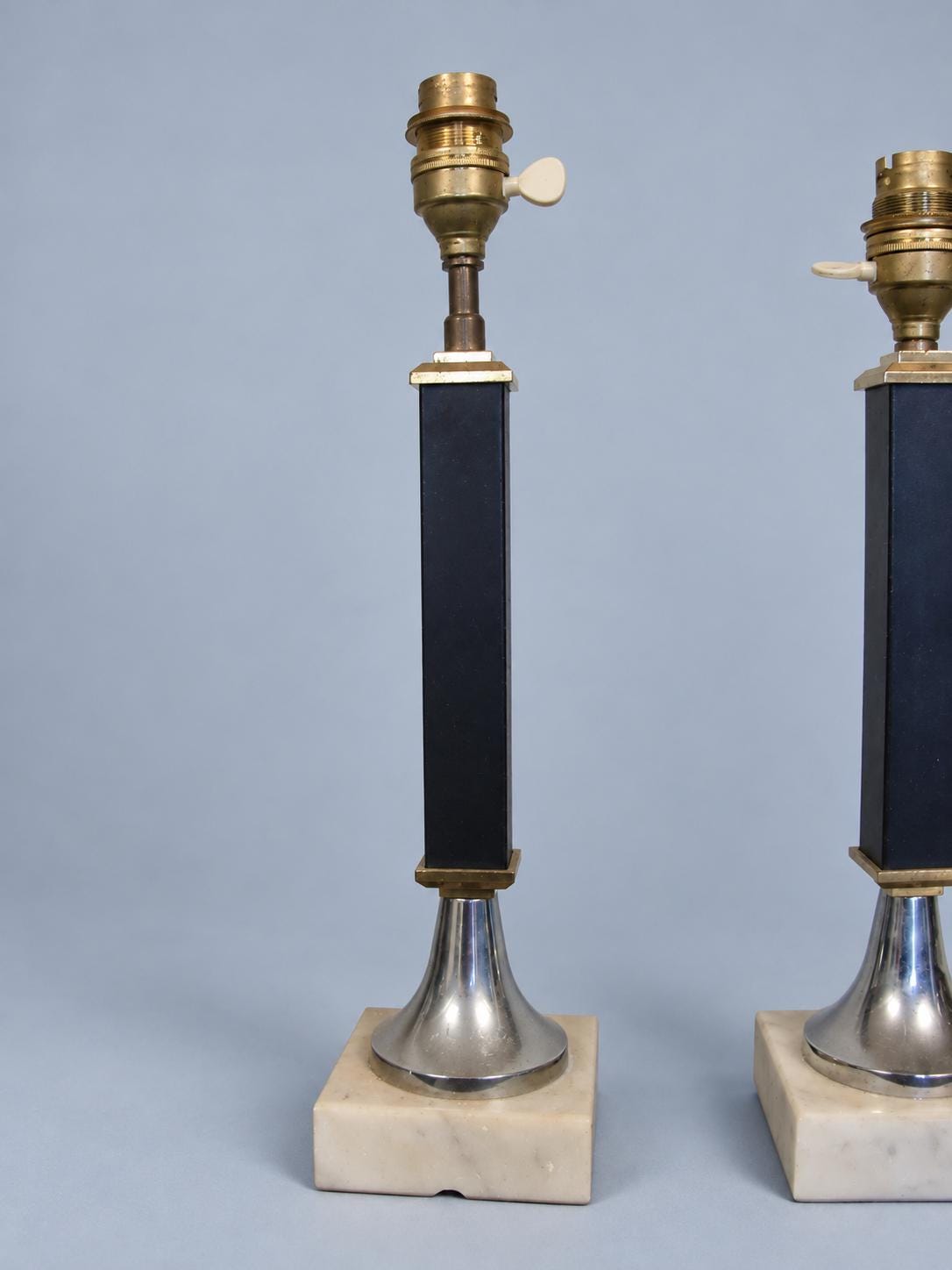 Vintage Pair of Table Lamps, Attributed 1960s–70s, Navy Blue Columns on Chrome and White Marble Bases, Sold Without Shades