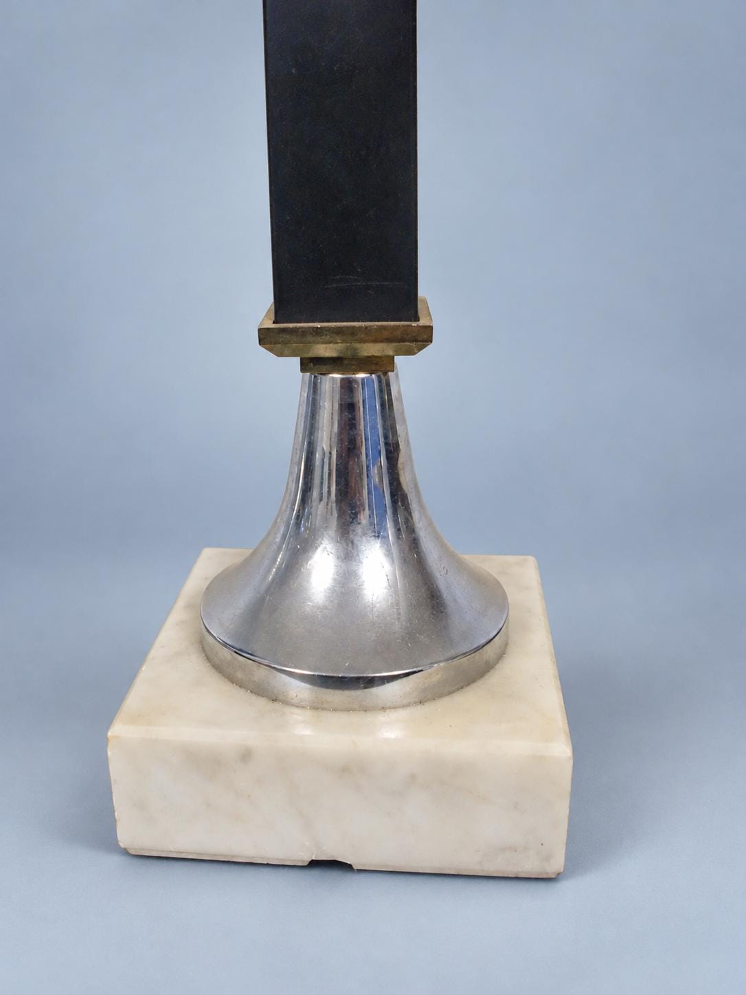 Vintage Pair of Table Lamps, Attributed 1960s–70s, Navy Blue Columns on Chrome and White Marble Bases, Sold Without Shades