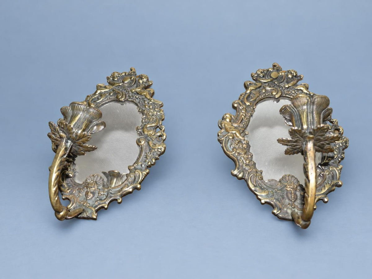 Vintage Pair of Rococo Style Mirror Candle Sconces with Putti, Attributed 19th Century, Patinated Metal, 21 cm