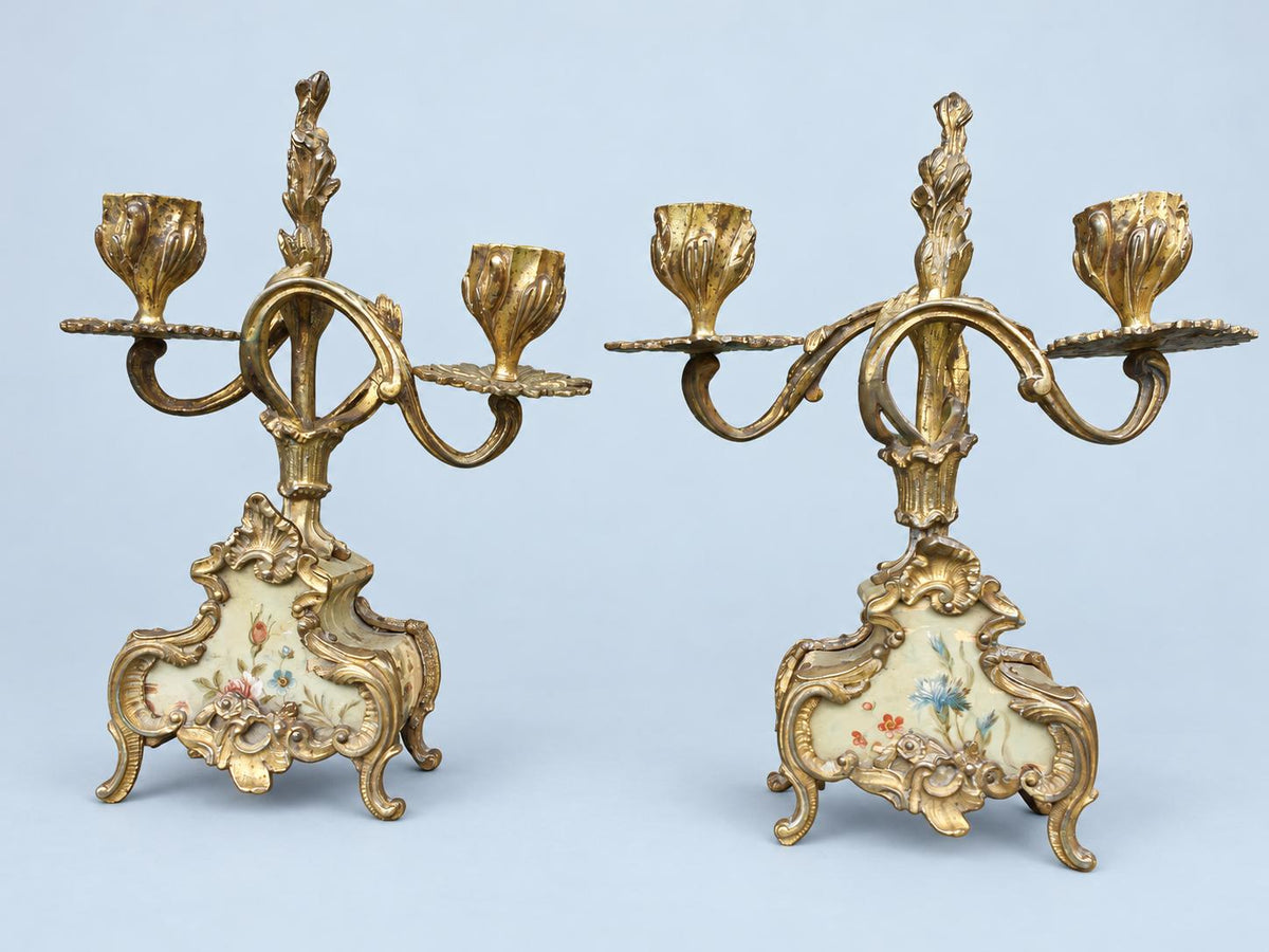 Vintage Pair of Rococo Two-Light Candelabra, Gilt Metal Scrolls on Hand-Painted Floral Bases, Attributed 19th Century, 23.5 cm