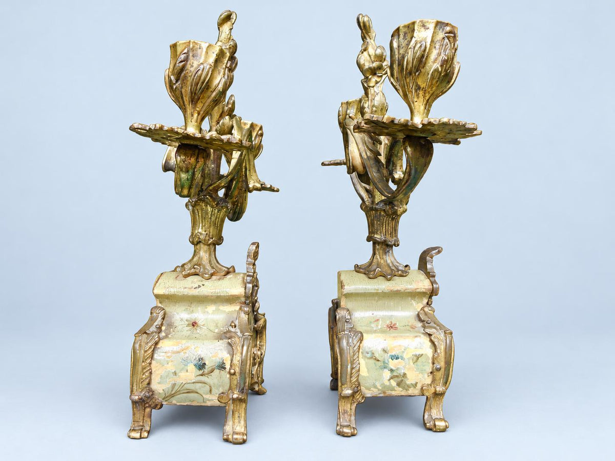 Vintage Pair of Rococo Two-Light Candelabra, Gilt Metal Scrolls on Hand-Painted Floral Bases, Attributed 19th Century, 23.5 cm