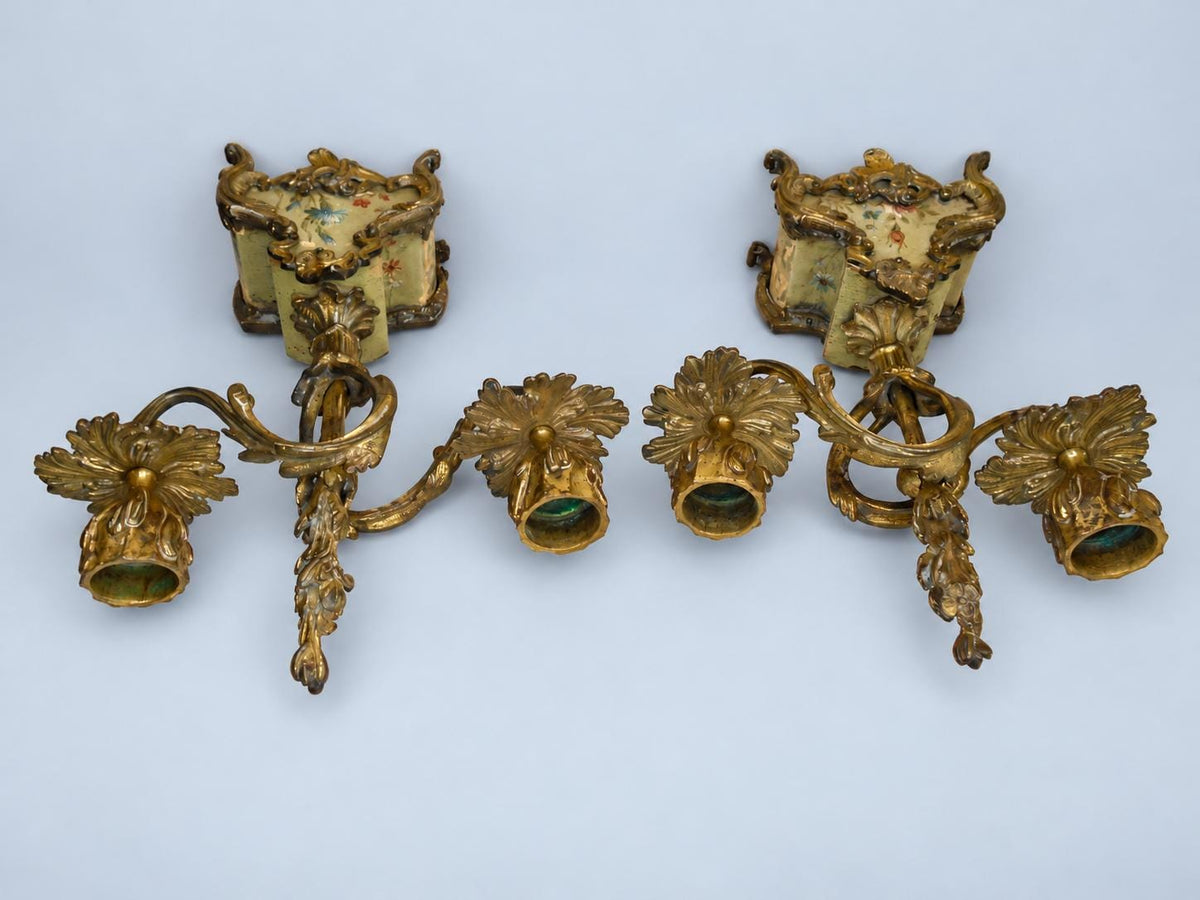 Vintage Pair of Rococo Two-Light Candelabra, Gilt Metal Scrolls on Hand-Painted Floral Bases, Attributed 19th Century, 23.5 cm