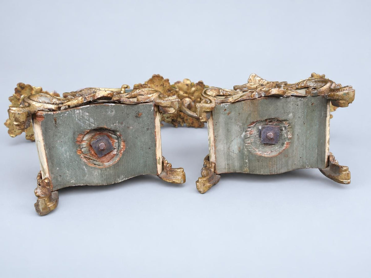 Vintage Pair of Rococo Two-Light Candelabra, Gilt Metal Scrolls on Hand-Painted Floral Bases, Attributed 19th Century, 23.5 cm