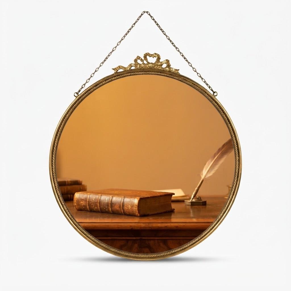 Vintage Convex Butler’s Mirror with Ribbon Bow Crest and Rope-Twist Gold-Tone Frame, Hanging Chain, 33 cm