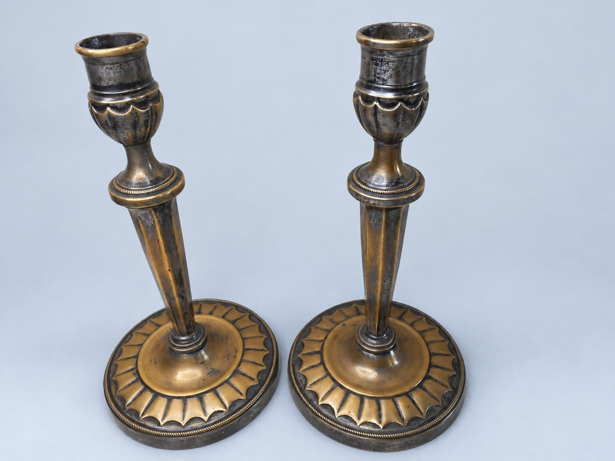 Vintage Pair of Empire Style Candlesticks, Attributed 19th Century, Patinated Metal with Traces of Silvering, Tapered Columns, 21.6 cm