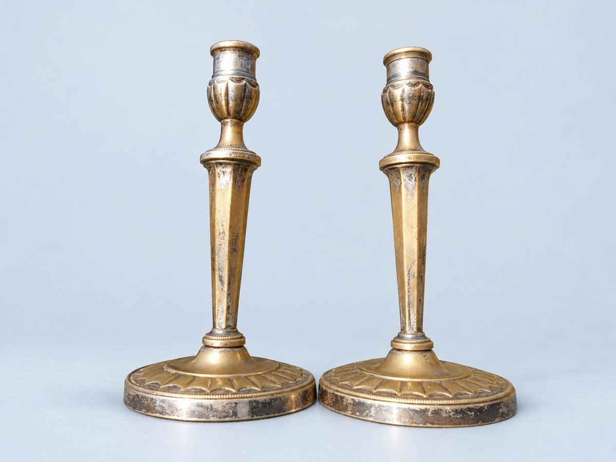 Vintage Pair of Empire Style Candlesticks, Attributed 19th Century, Patinated Metal with Traces of Silvering, Tapered Columns, 21.6 cm