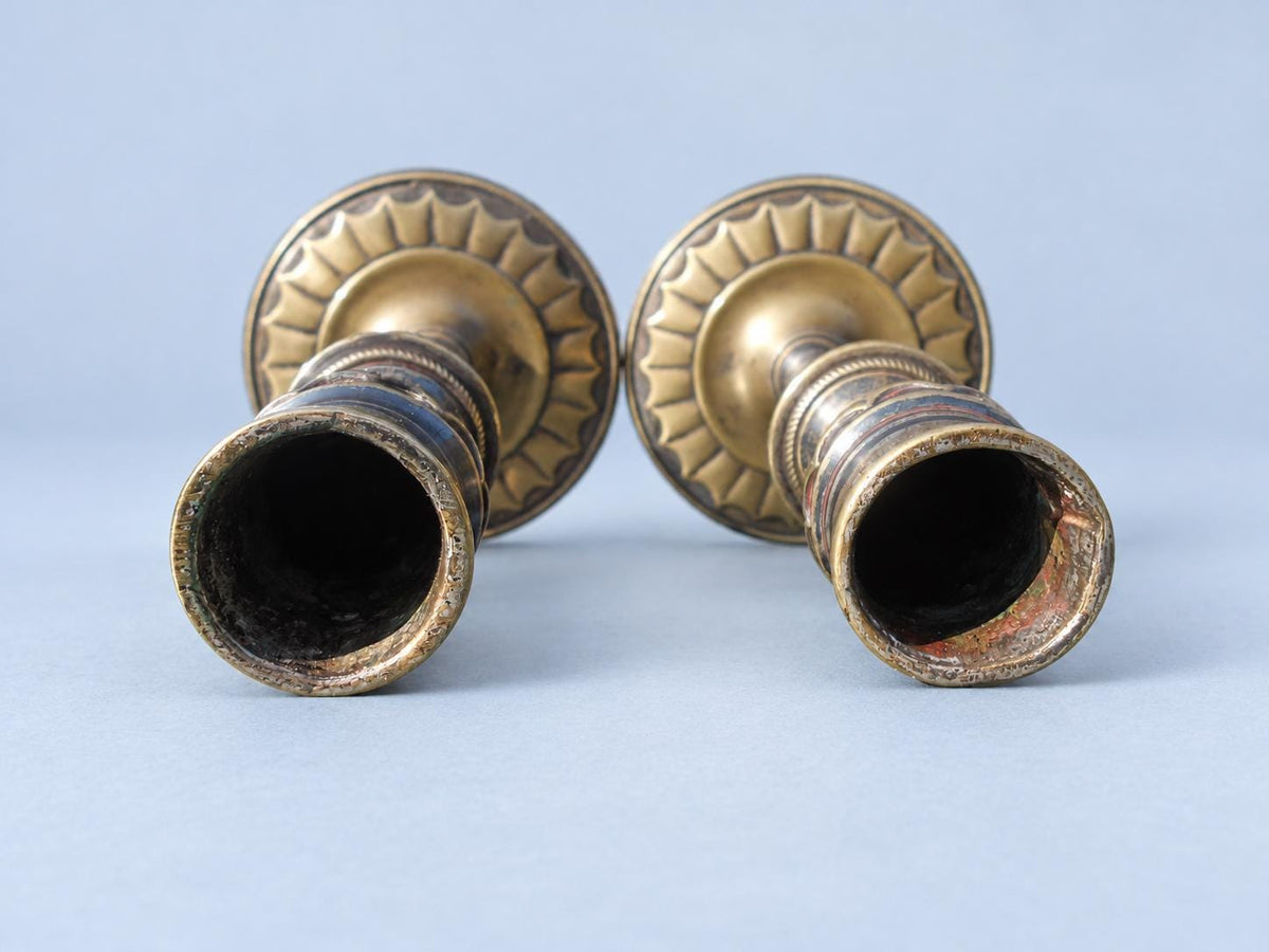 Vintage Pair of Empire Style Candlesticks, Attributed 19th Century, Patinated Metal with Traces of Silvering, Tapered Columns, 21.6 cm