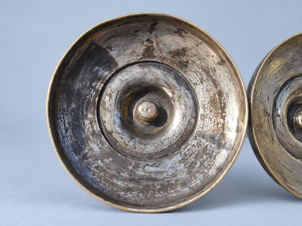 Vintage Pair of Empire Style Candlesticks, Attributed 19th Century, Patinated Metal with Traces of Silvering, Tapered Columns, 21.6 cm