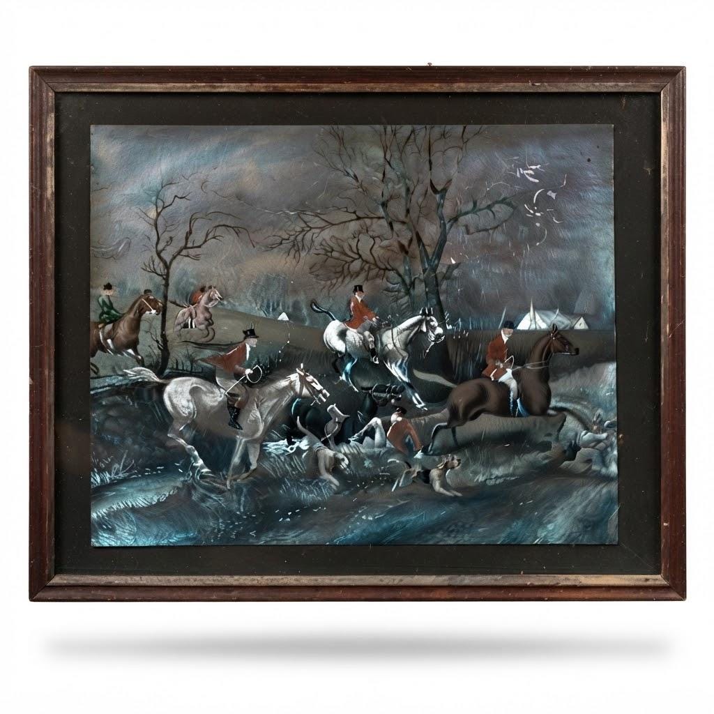 Vintage Framed Hunting Scene Picture, Riders in Red Coats with Hounds Jumping a Hedge, English Sporting Art Style, 32 × 26 cm