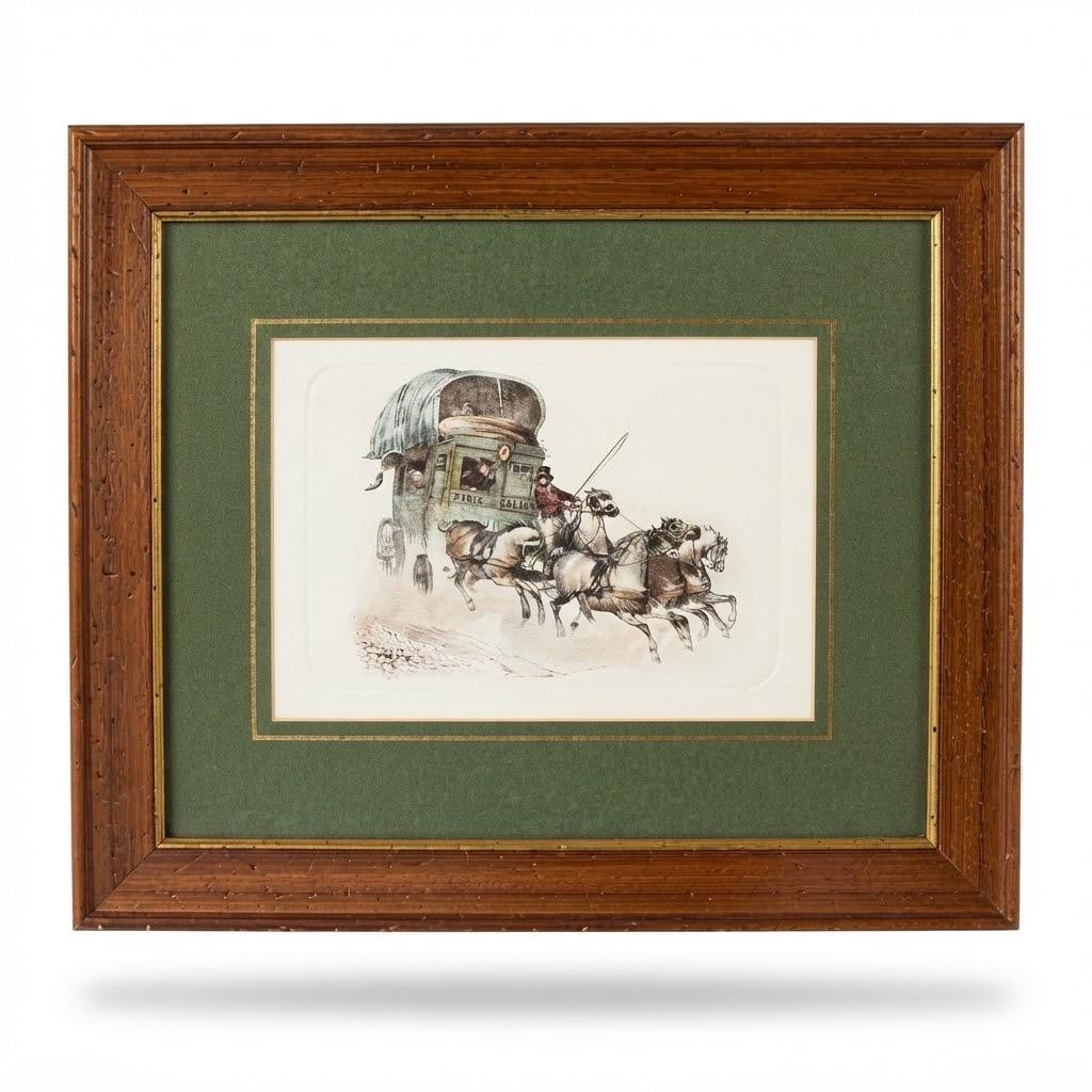 Vintage Framed Print of a French Diligence Stagecoach with Galloping Horses, Green Double Mat and Wood Frame, 40 × 33 cm