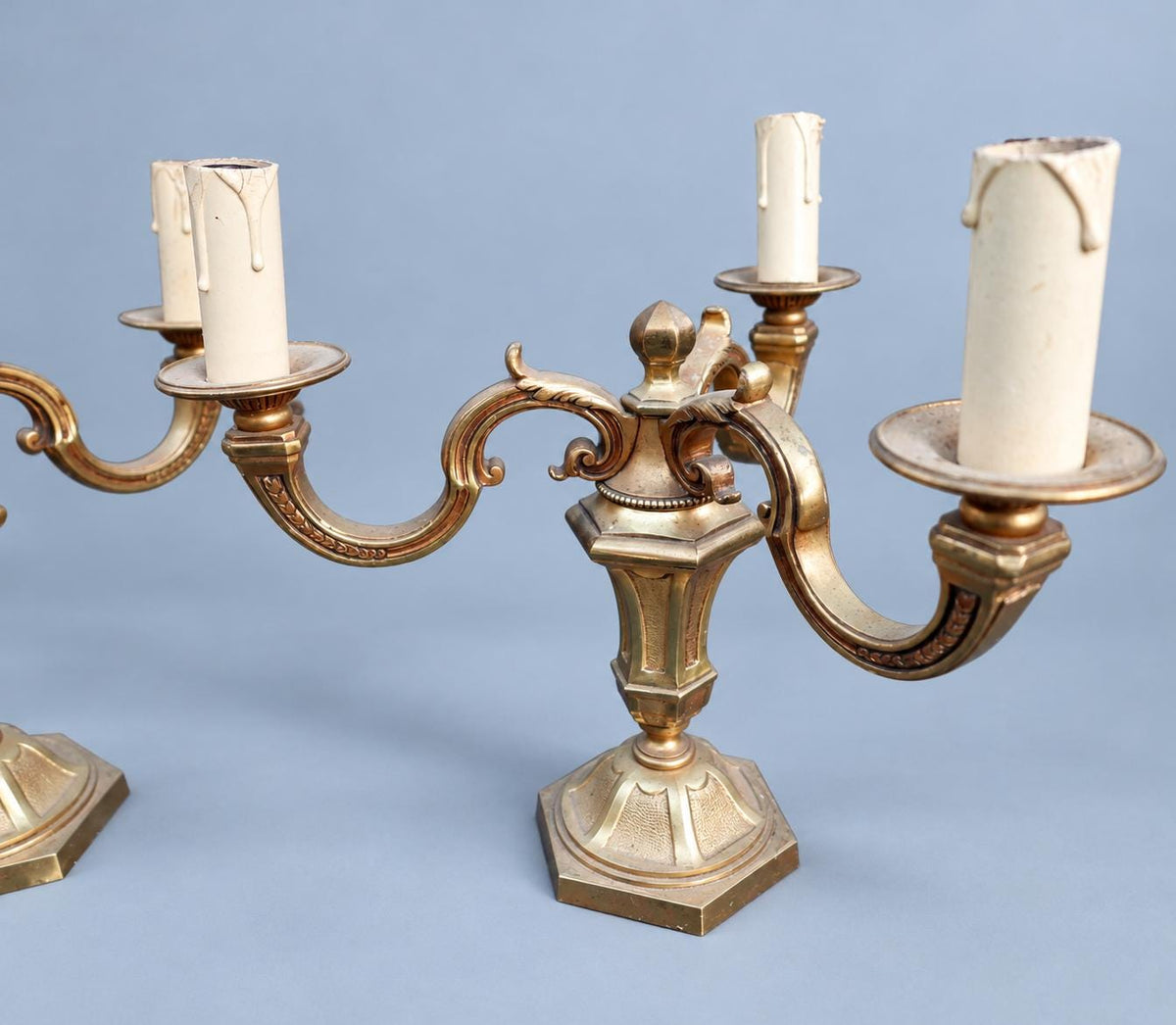 Pair of Vintage French Bronze Three-Light Candelabra Table Lamps, Hexagonal Bases, 1960s–70s, 27.5 cm