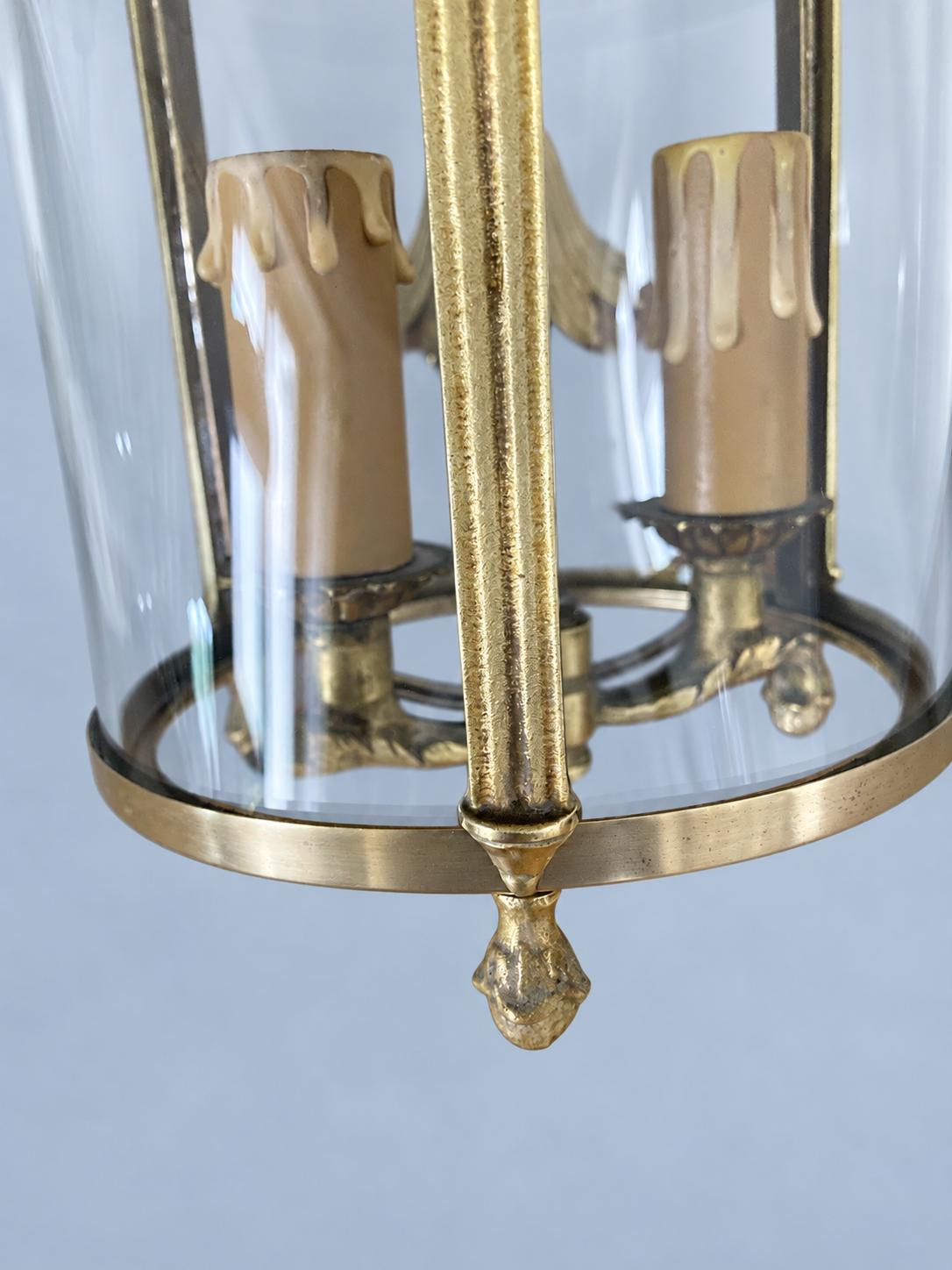 Vintage Louis XVI Style Hall Lantern, Gilt Metal with Three Curved Glass Panels, Fluted Uprights and Acanthus Arms, Two Lights, 30 cm