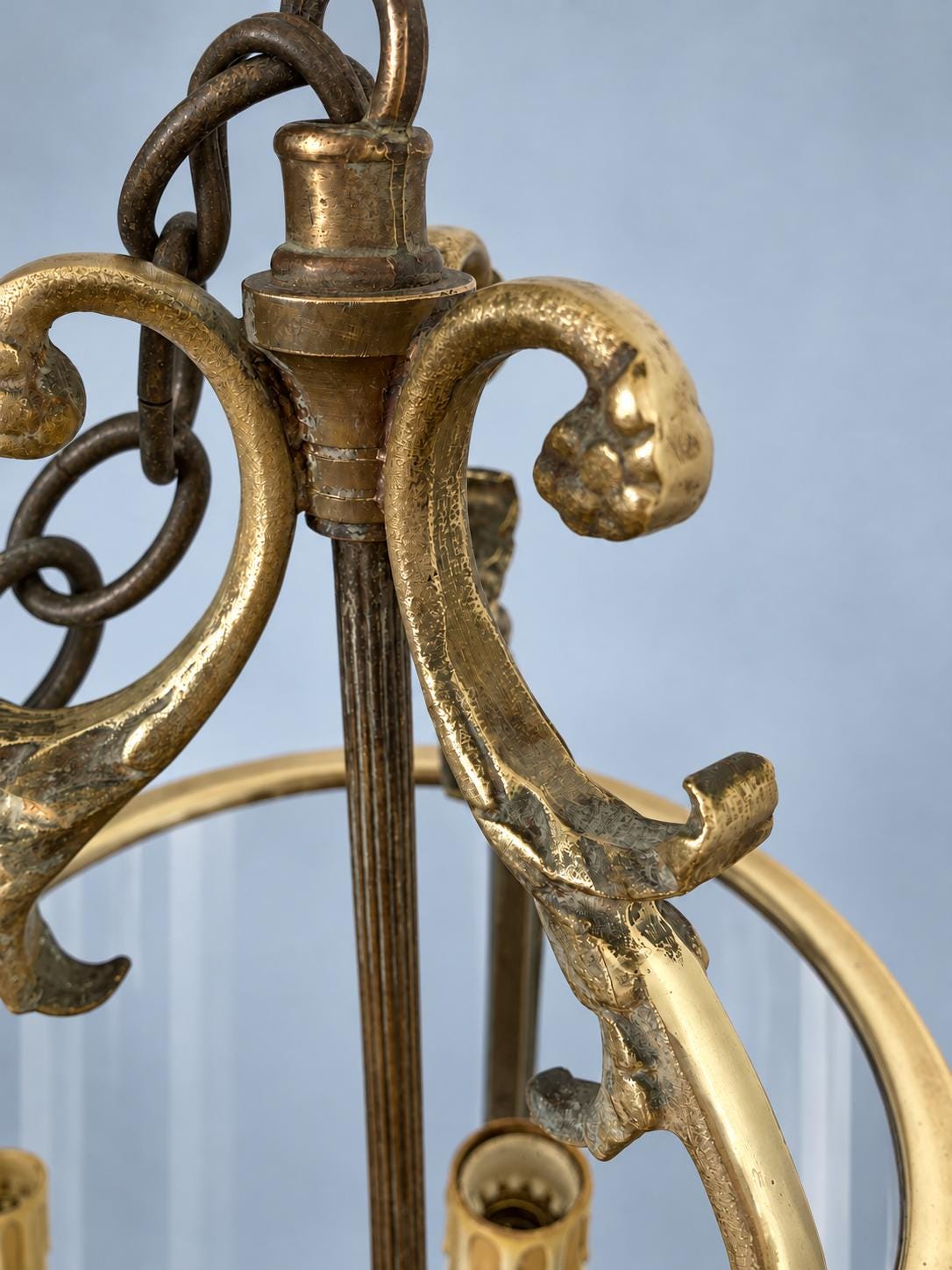 Vintage Louis XVI Style Hall Lantern, Gilt Metal with Three Curved Glass Panels, Fluted Uprights and Acanthus Arms, Two Lights, 30 cm