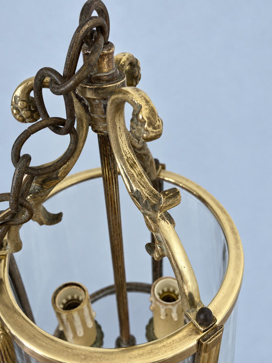 Vintage Louis XVI Style Hall Lantern, Gilt Metal with Three Curved Glass Panels, Fluted Uprights and Acanthus Arms, Two Lights, 30 cm