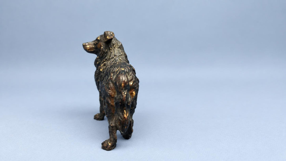Vintage Cold-Painted Metal Dog Figure in the Viennese Tradition, Long-Coated Dog Turning Its Head, Attributed Late 19th–Early 20th Century