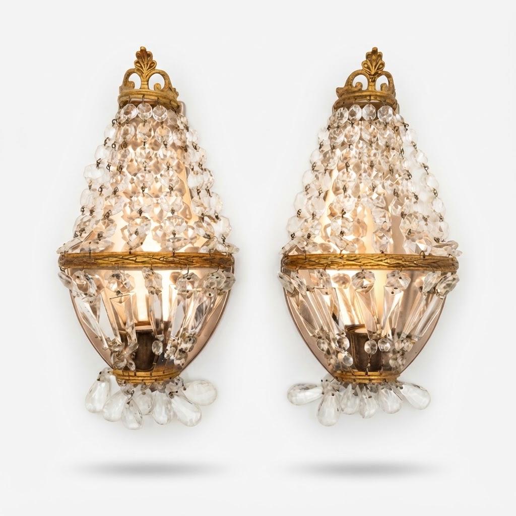 Vintage Pair of Empire Style Beaded Wall Sconces, Gilt Metal Palmette Crest with Faceted Glass Drops, 35 cm