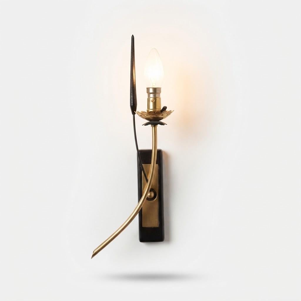 Vintage Black and Brass Wall Sconce, 1950s–60s Style Curved Stem with Reed Leaf and Flower Bobèche, Candle Bulb, 35 cm