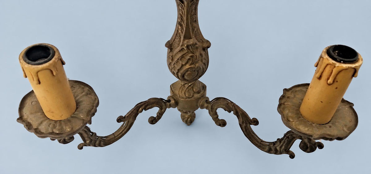 Vintage Pair of Louis XV Style Wall Sconces, Patinated Metal Acanthus Scroll Arms with Cartouche Backplates, Two Lights Each, 29 cm