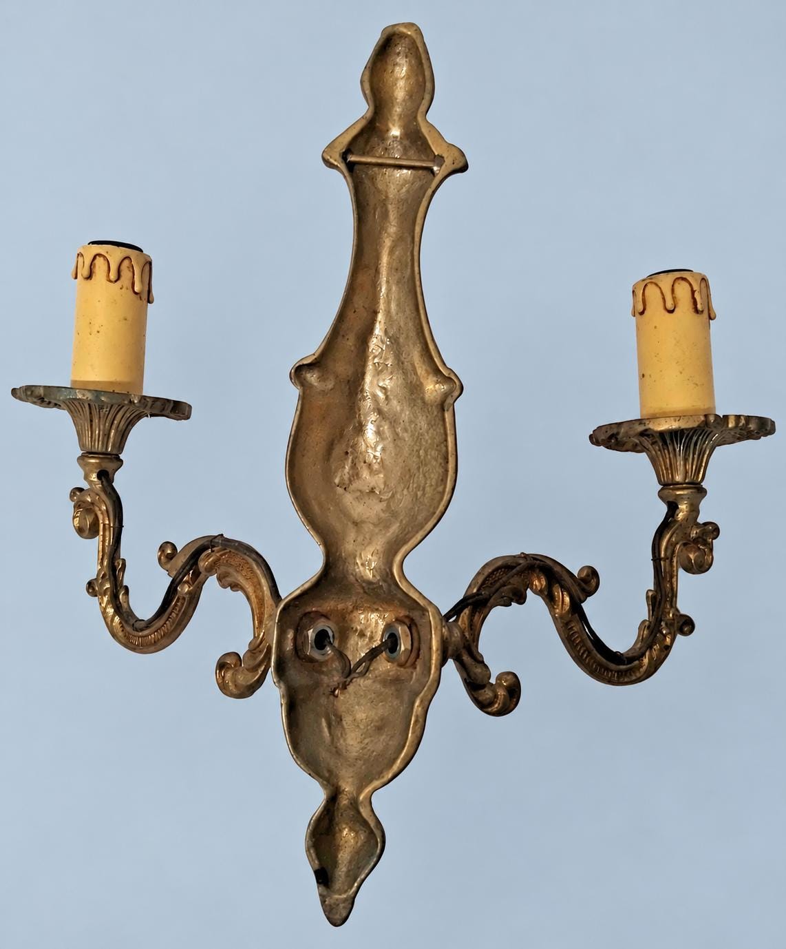 Vintage Pair of Louis XV Style Wall Sconces, Patinated Metal Acanthus Scroll Arms with Cartouche Backplates, Two Lights Each, 29 cm