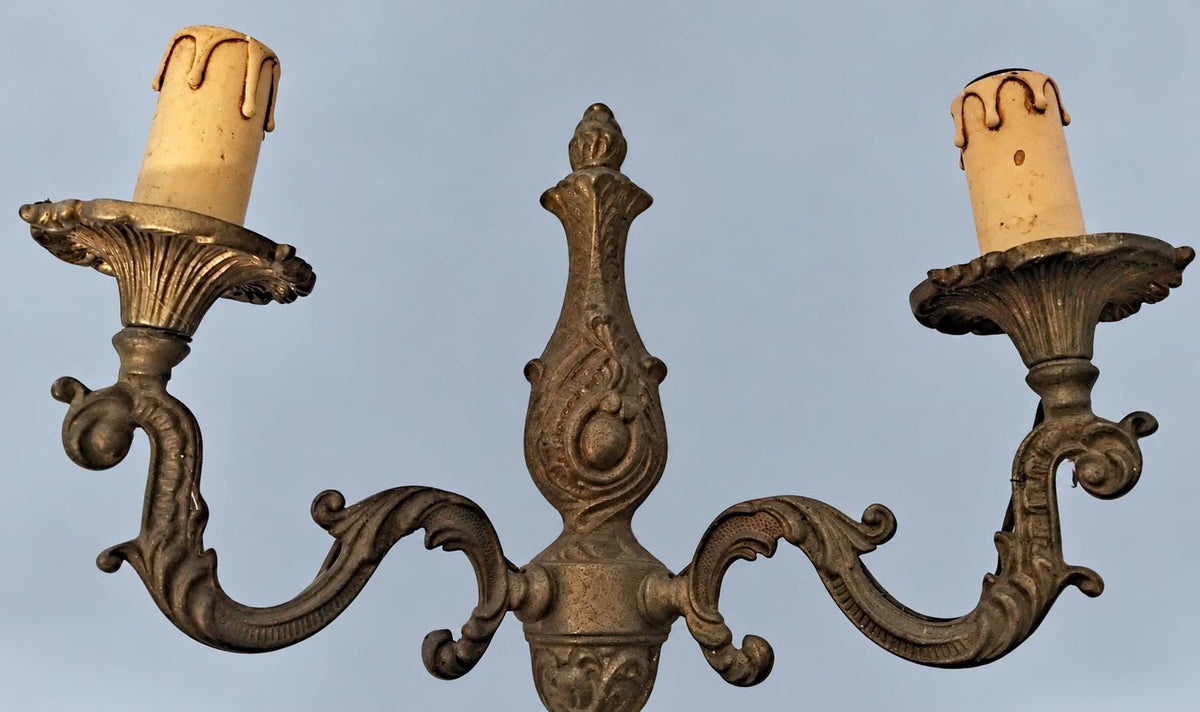 Vintage Pair of Louis XV Style Wall Sconces, Patinated Metal Acanthus Scroll Arms with Cartouche Backplates, Two Lights Each, 29 cm