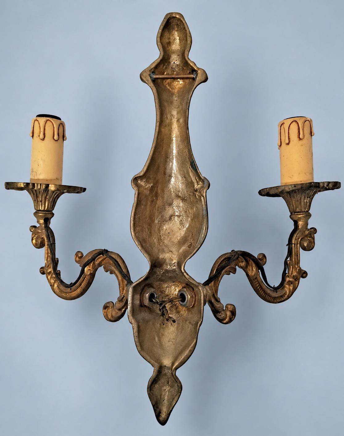 Vintage Pair of Louis XV Style Wall Sconces, Patinated Metal Acanthus Scroll Arms with Cartouche Backplates, Two Lights Each, 29 cm