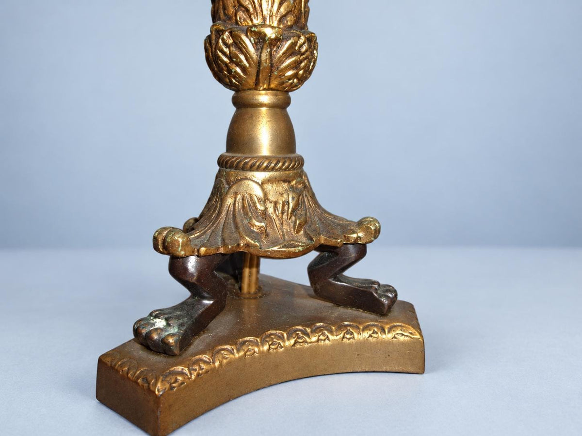 Vintage Pair of Empire Style Column Table Lamps, Dark Patinated and Gilt Metal on Lion Paw Tripod Bases, with Pleated Shades, 35 cm