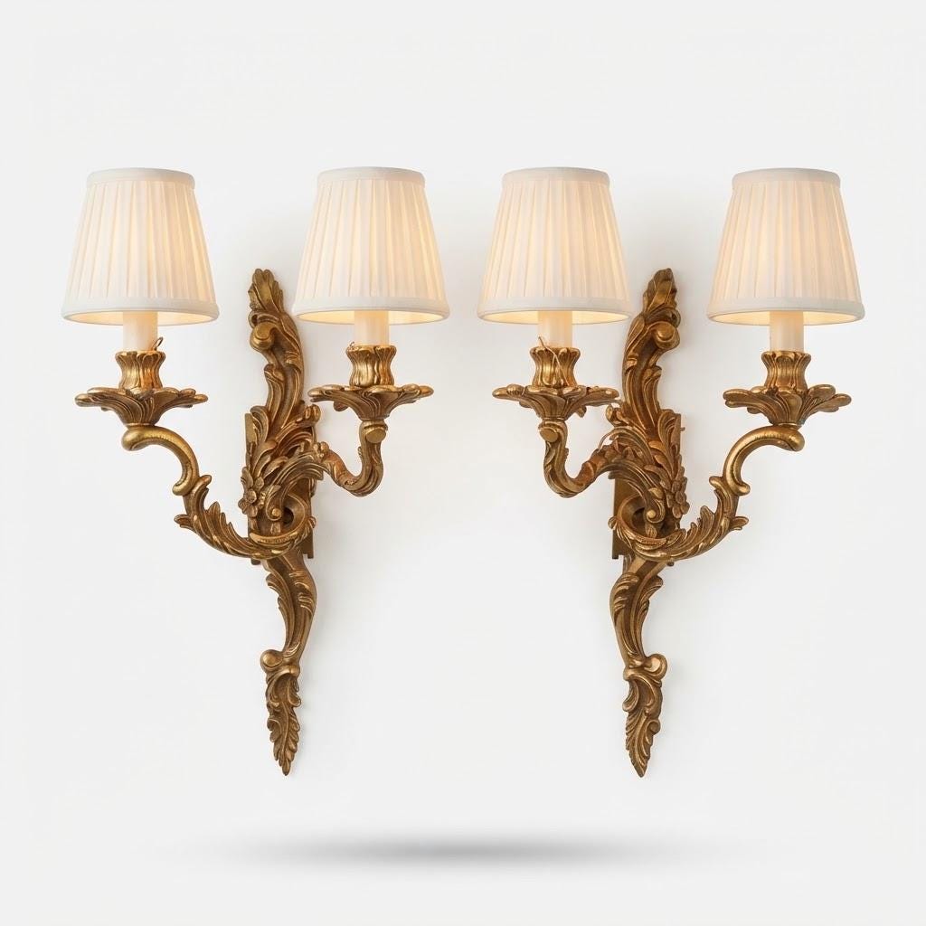Vintage Pair of Louis XV Rocaille Style Brass Wall Sconces, Mirror-Image Scrolled Arms with Shell Bobèches, Two Lights Each, 37 cm