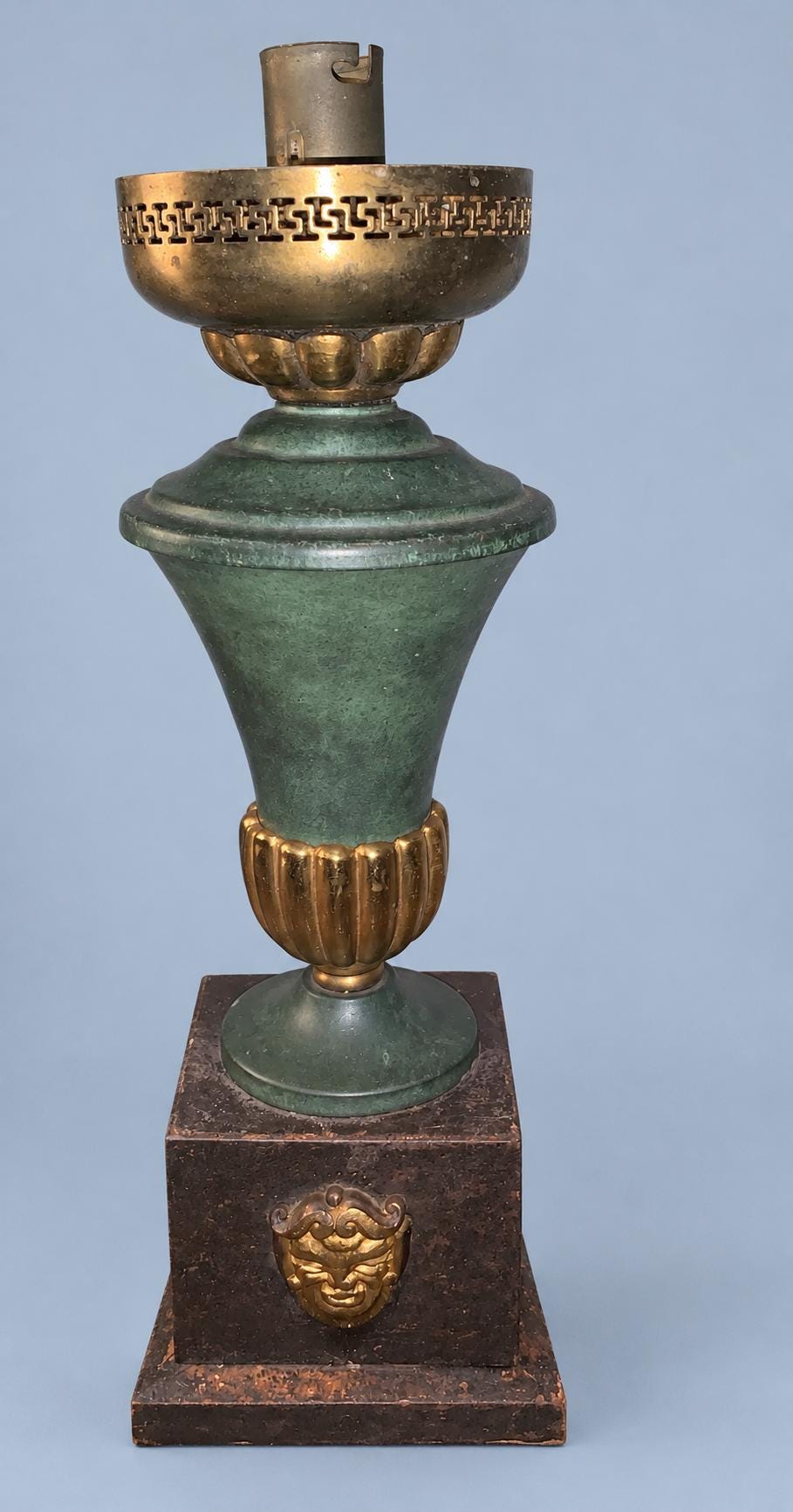 Vintage Empire Style Table Lamp, Attributed 1940s–50s, Green Lacquered Urn with Gilt Gadroons, Greek Key Gallery and Lion Mask Base, 30 cm