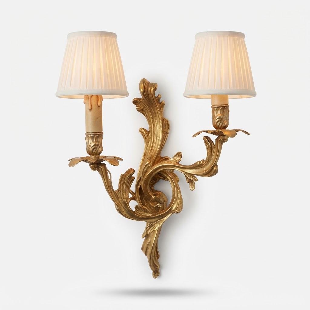 Vintage Louis XV Rocaille Style Wall Sconce, Attributed Mid-20th Century, Gilt Metal Acanthus Scrolls, Two Candle Lights, 35 cm