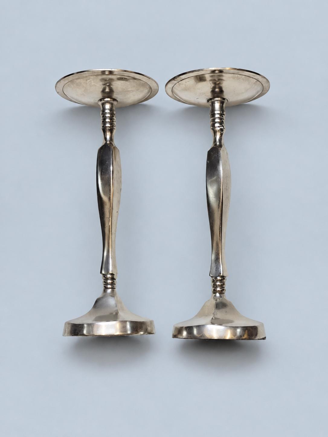 Vintage Pair of Tall Pricket Candlesticks, Silver-Tone Metal with Faceted Columns and Ringed Collars, Pillar Candle Holders, 28 cm