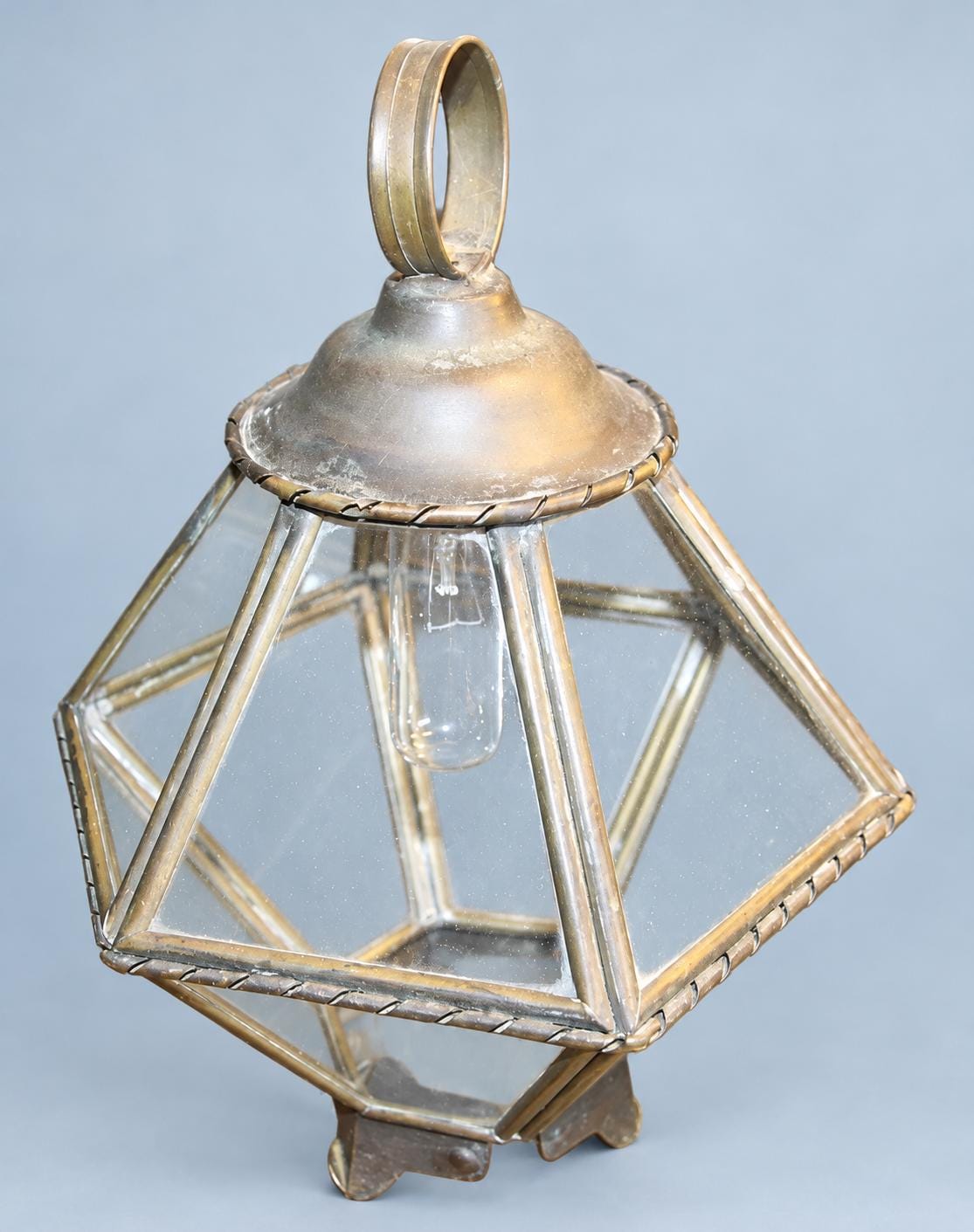 Vintage Small Hexagonal Brass Hall Lantern, Faceted Glass Diamond Shape with Rope-Twist Borders, Single Light, 32 cm