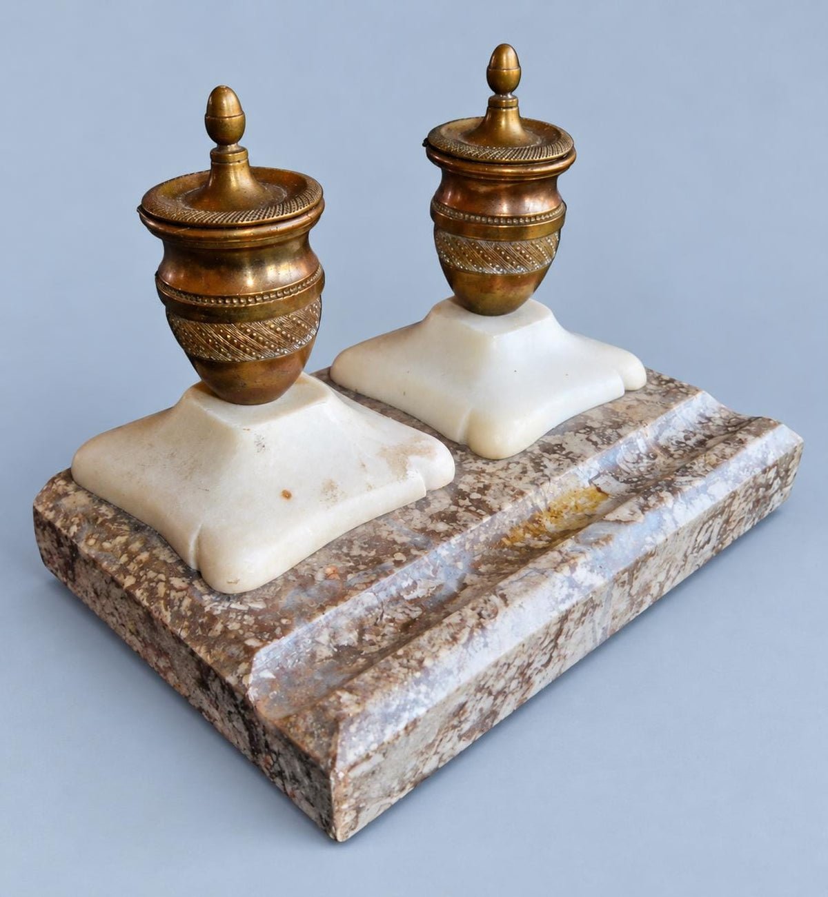 Vintage Empire Style Double Inkstand, Two Gilt Metal Urn Inkwells on Speckled Marble Base, Attributed 19th Century, 14 cm