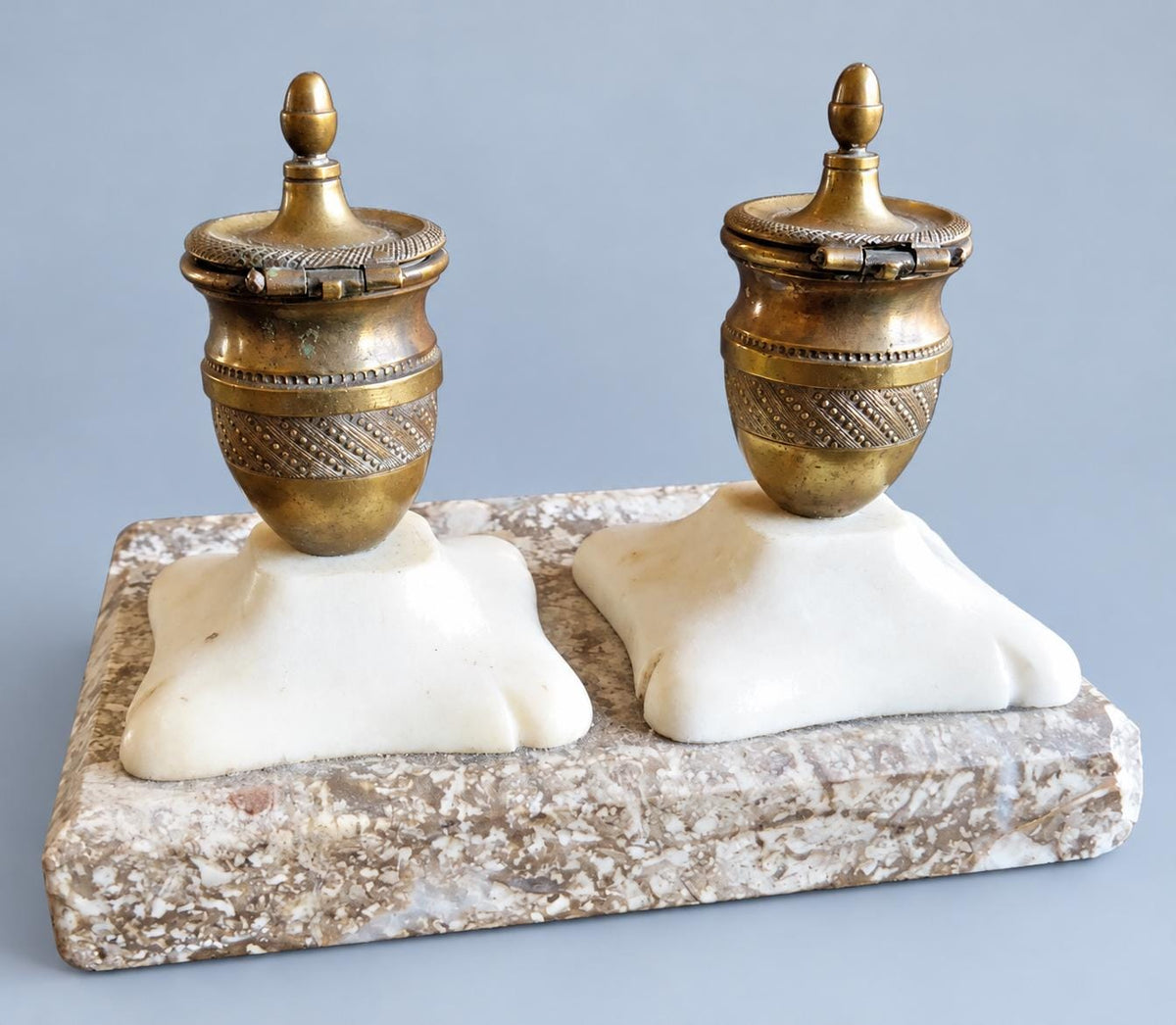 Vintage Empire Style Double Inkstand, Two Gilt Metal Urn Inkwells on Speckled Marble Base, Attributed 19th Century, 14 cm