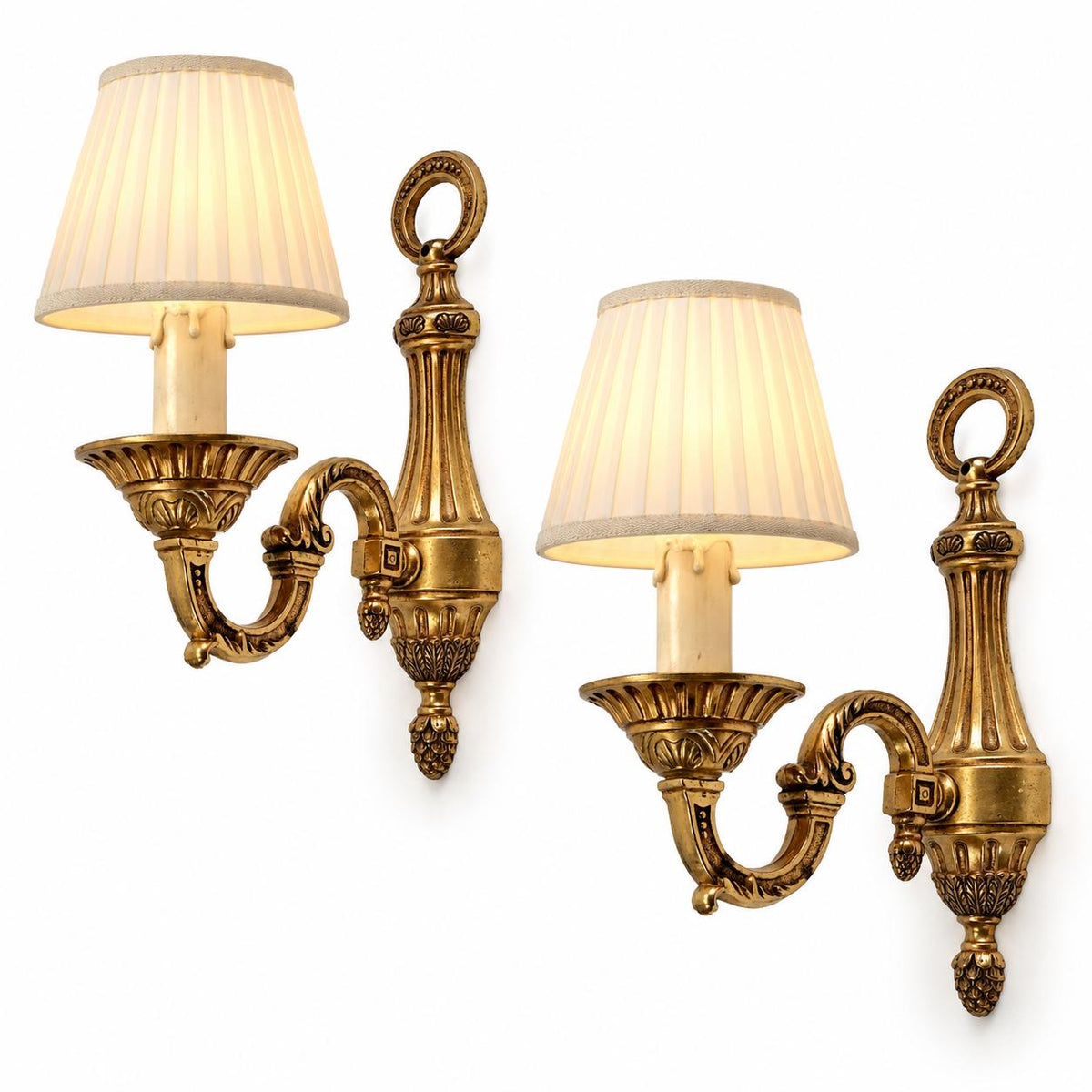 Pair of Louis XVI Style Single-Arm Wall Sconces, Gilt Metal with Acanthus Scroll Arms and Pine Cone Finials