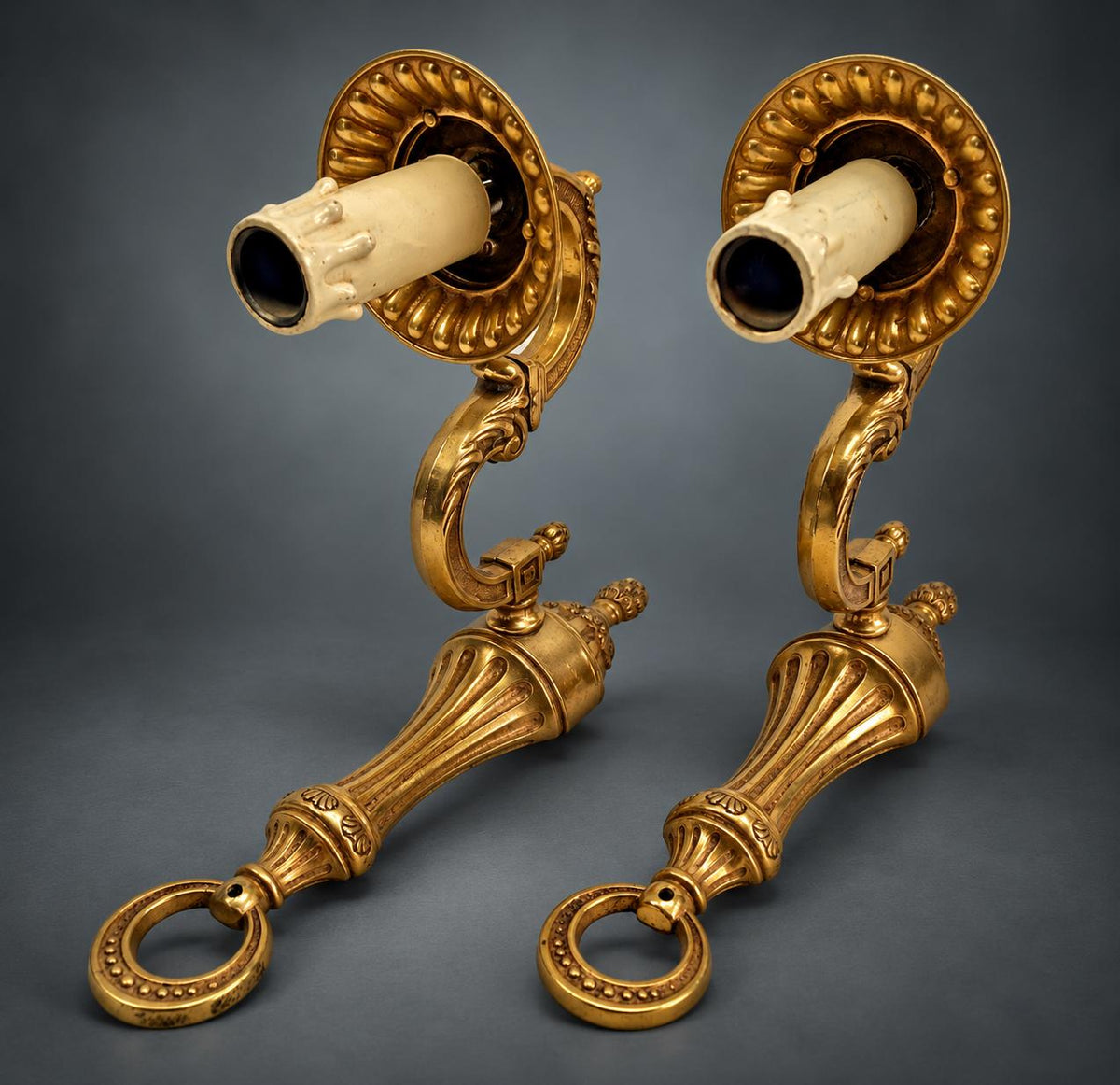 Pair of Louis XVI Style Single-Arm Wall Sconces, Gilt Metal with Acanthus Scroll Arms and Pine Cone Finials