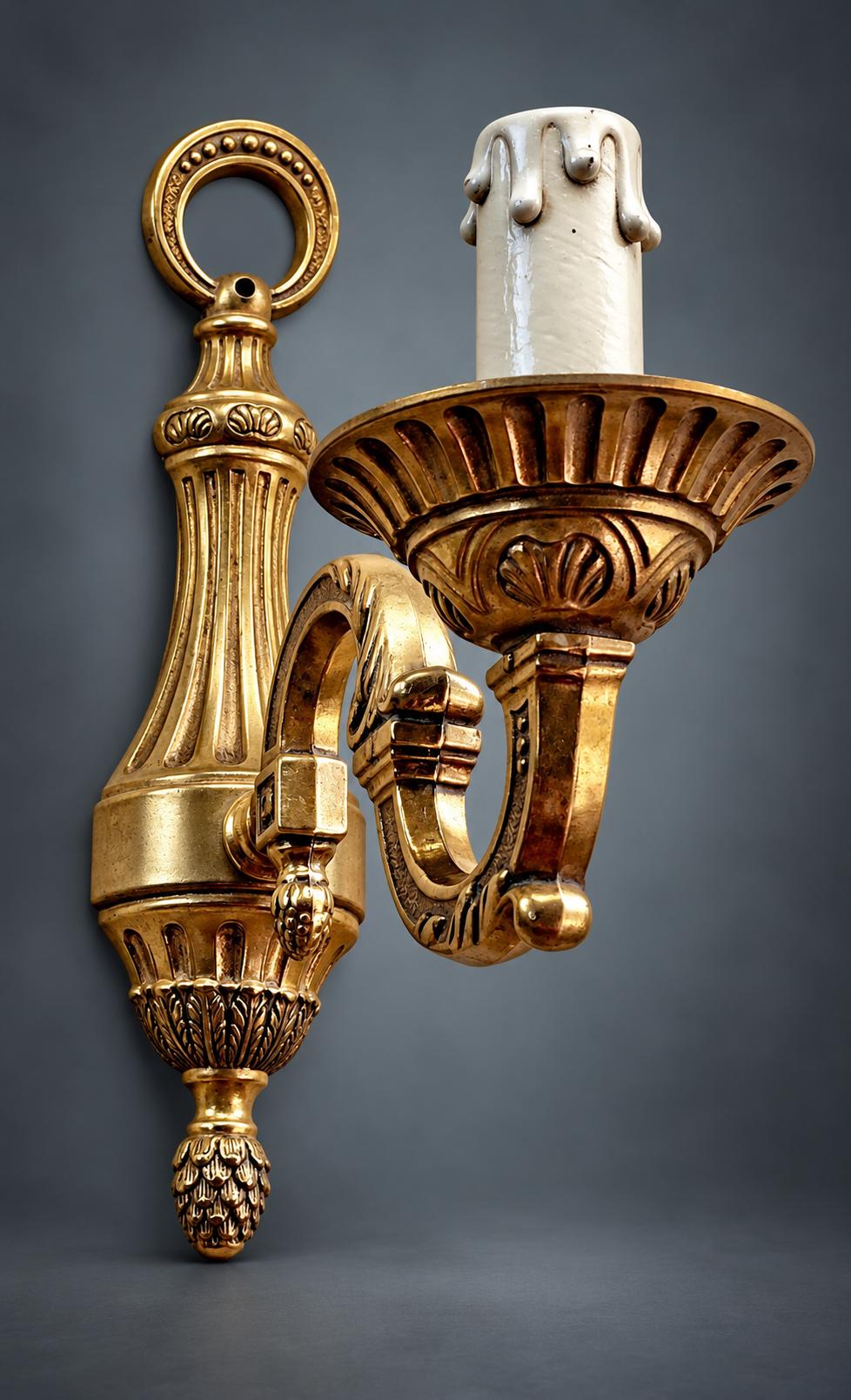 Pair of Louis XVI Style Single-Arm Wall Sconces, Gilt Metal with Acanthus Scroll Arms and Pine Cone Finials