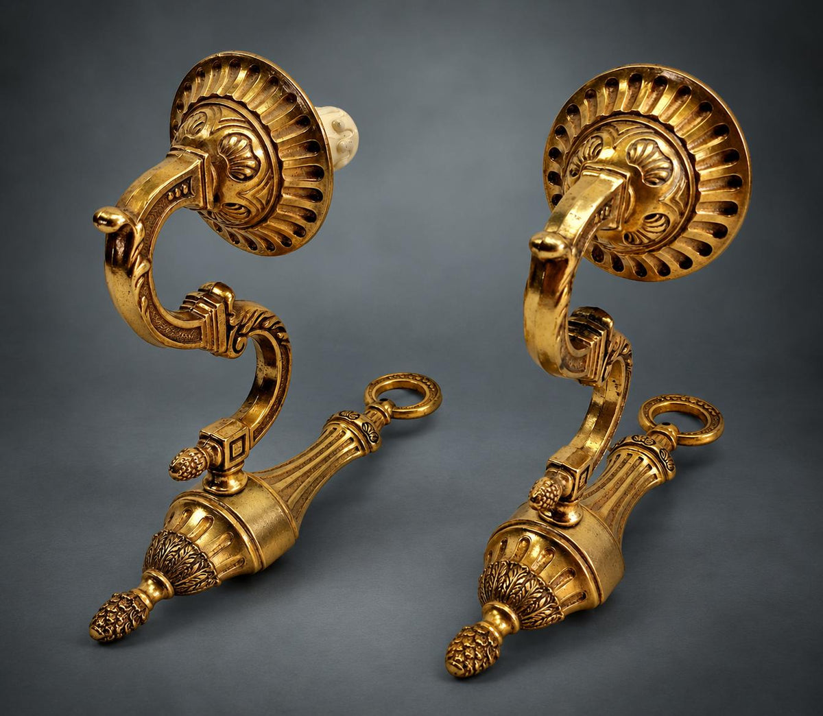 Pair of Louis XVI Style Single-Arm Wall Sconces, Gilt Metal with Acanthus Scroll Arms and Pine Cone Finials