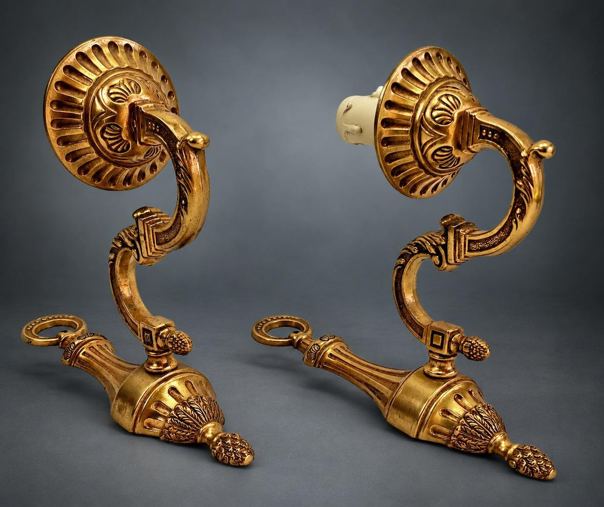 Pair of Louis XVI Style Single-Arm Wall Sconces, Gilt Metal with Acanthus Scroll Arms and Pine Cone Finials