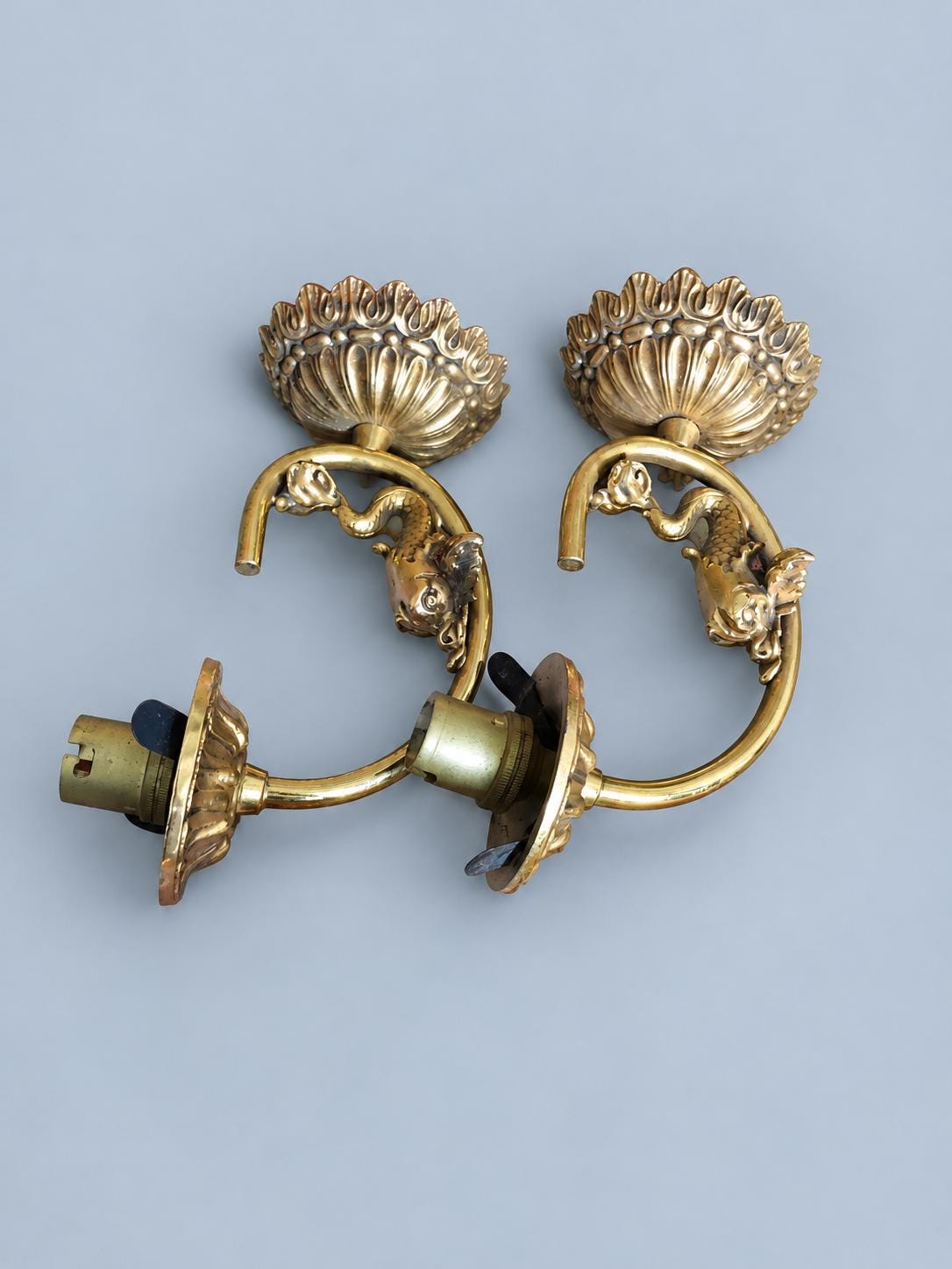 Vintage Pair of Gilt Metal Wall Sconces, Attributed 20th Century, Fluted Rosette Backplates and Leafy Arms, Shade-Holder Prongs