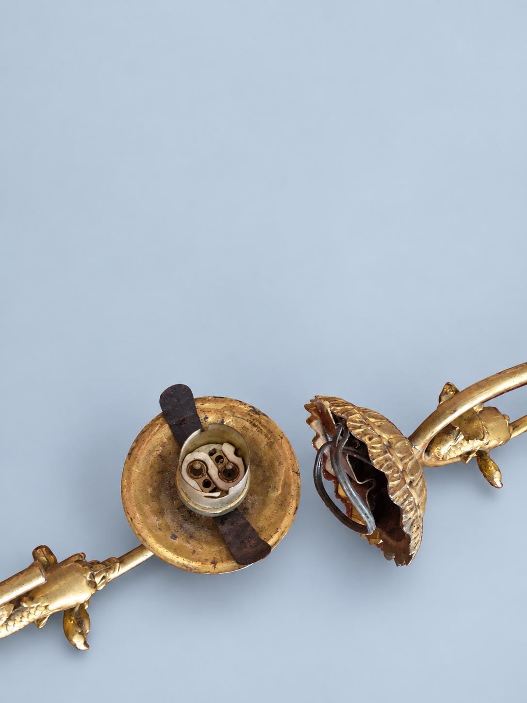 Vintage Pair of Gilt Metal Wall Sconces, Attributed 20th Century, Fluted Rosette Backplates and Leafy Arms, Shade-Holder Prongs