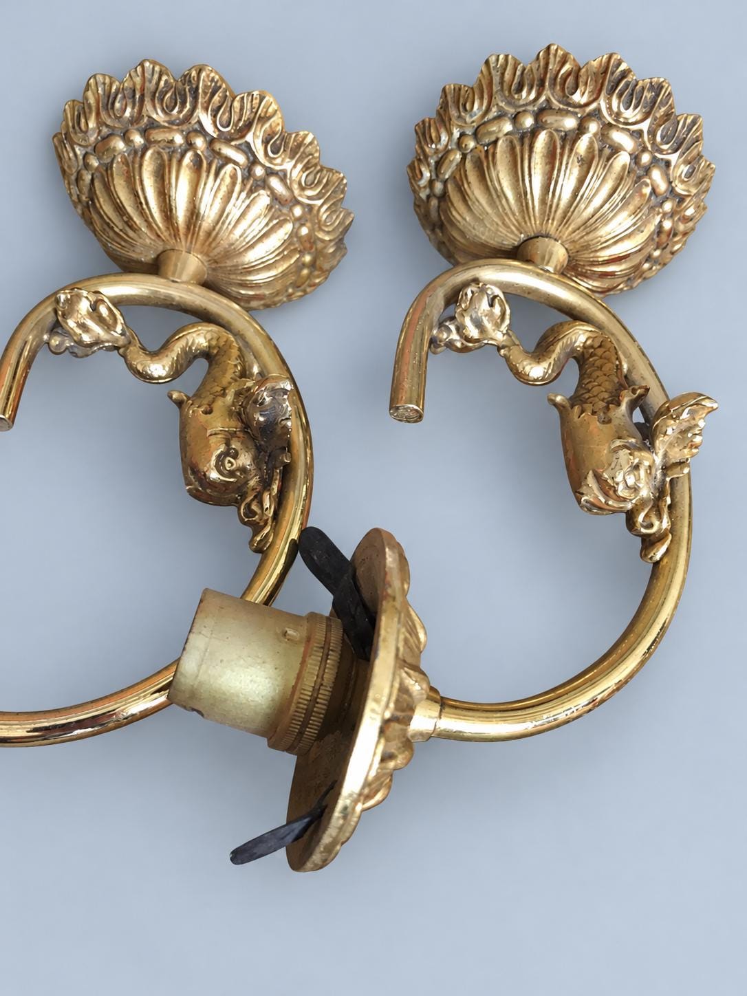 Vintage Pair of Gilt Metal Wall Sconces, Attributed 20th Century, Fluted Rosette Backplates and Leafy Arms, Shade-Holder Prongs