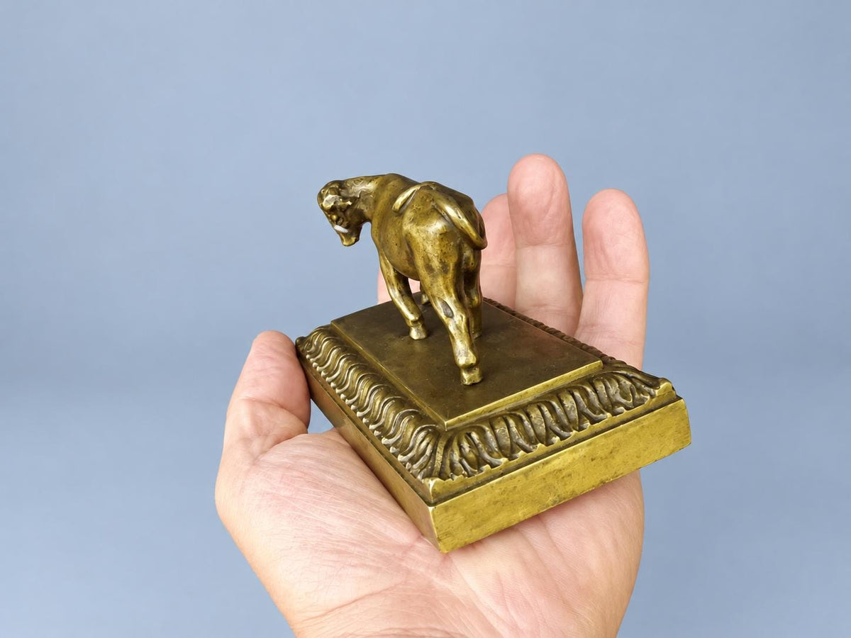 Vintage Small Animalier Cow Sculpture on Leaf-Moulded Base, Gold-Tone Metal, Attributed 19th–20th Century, 10.4 cm