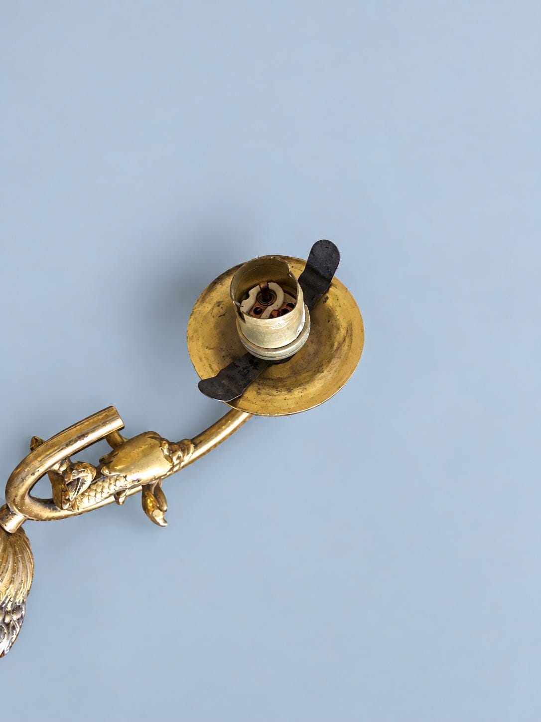 Vintage Pair of Gilt Metal Wall Sconces, Attributed 20th Century, Fluted Rosette Backplates and Leafy Arms, Shade-Holder Prongs