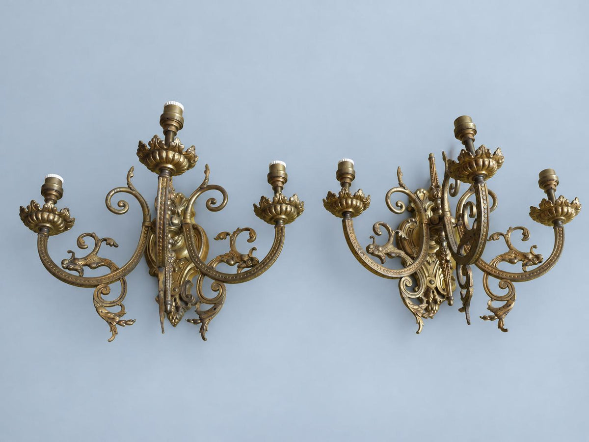 Vintage Pair of Three-Light Wall Sconces, Attributed Late 19th–Early 20th Century, Gilt Metal Beaded Arms with Chimera Brackets, 31 cm
