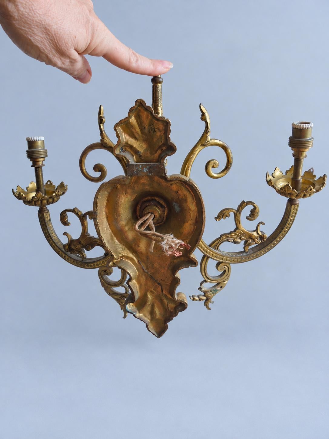 Vintage Pair of Three-Light Wall Sconces, Attributed Late 19th–Early 20th Century, Gilt Metal Beaded Arms with Chimera Brackets, 31 cm