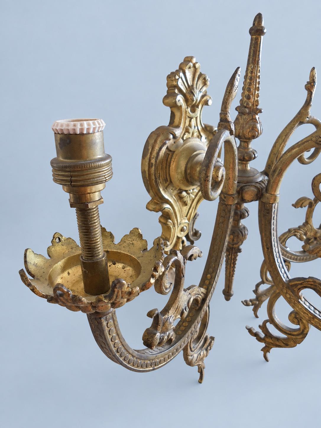 Vintage Pair of Three-Light Wall Sconces, Attributed Late 19th–Early 20th Century, Gilt Metal Beaded Arms with Chimera Brackets, 31 cm