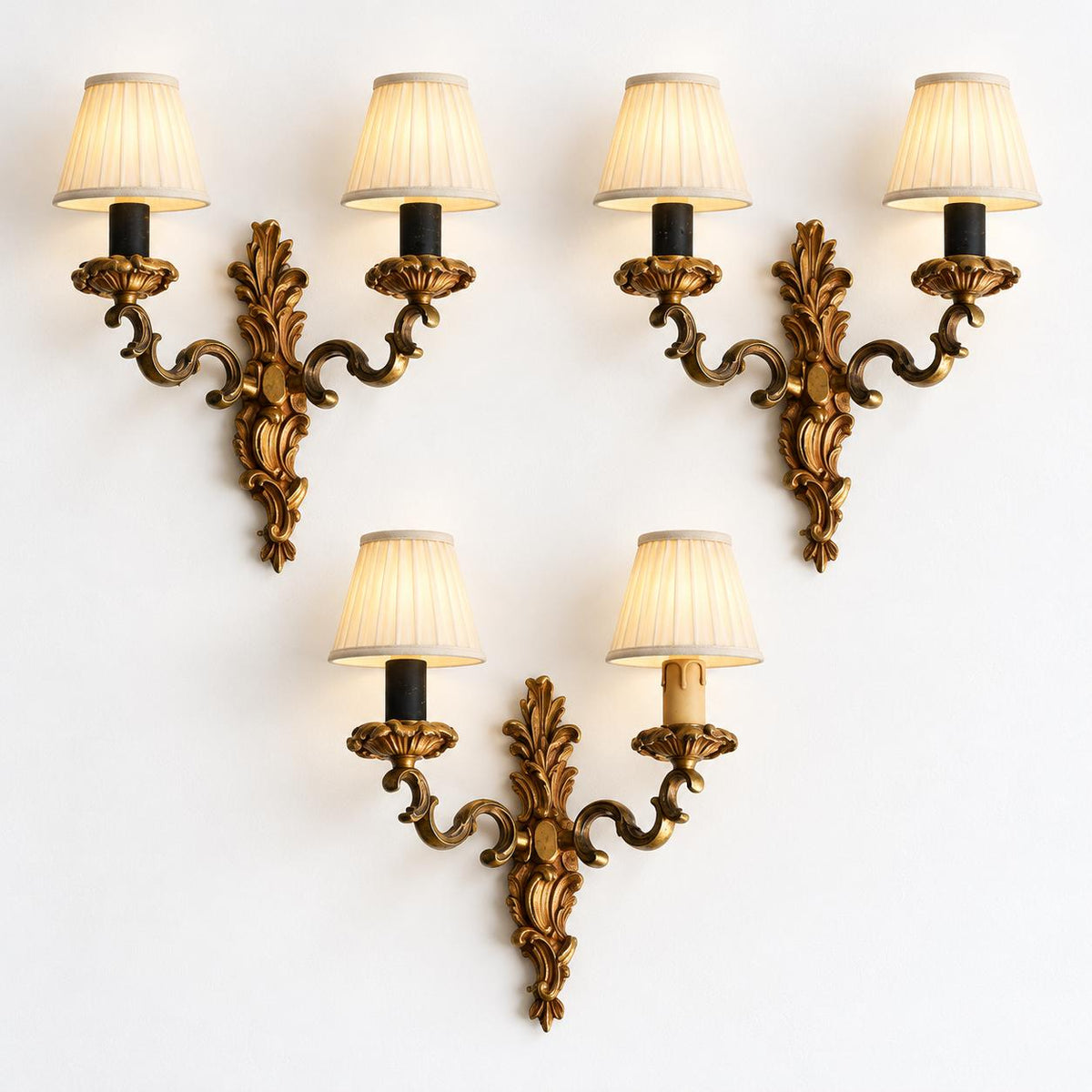 Vintage Set of Three Louis XV Rocaille Style Wall Sconces, Gilt Metal Volutes and Foliage, Two Lights Each, 21 cm
