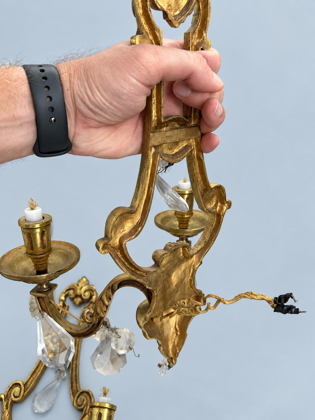 Vintage Pair of Louis XVI Style Lyre Wall Sconces, Gilt Metal with Faceted Glass Drops, Two Lights Each, 45 cm
